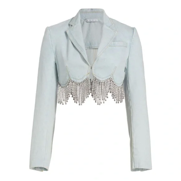 ⚡️⚡️AREA Scalloped Embellished Cropped Denim Jacket in Pale Blue, Size 4,NWT - Picture 4 of 17